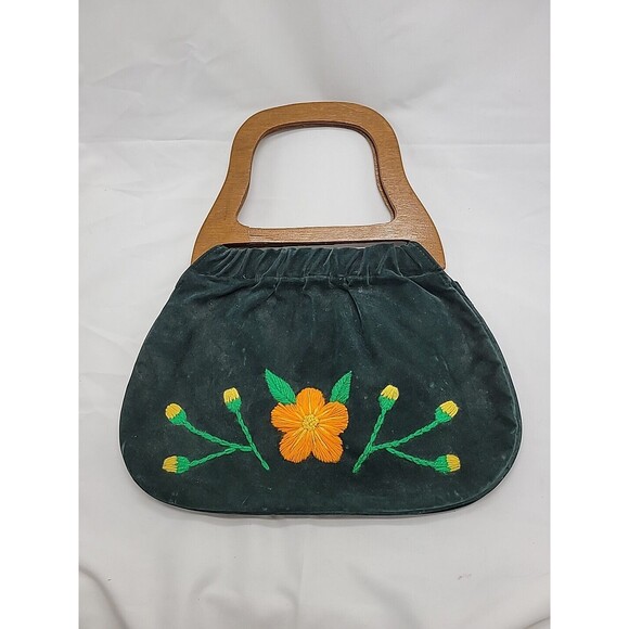 Vintage Holiday Fair Green Canvas Bag Purse Floral Embroidery Wood Handles - Picture 1 of 16